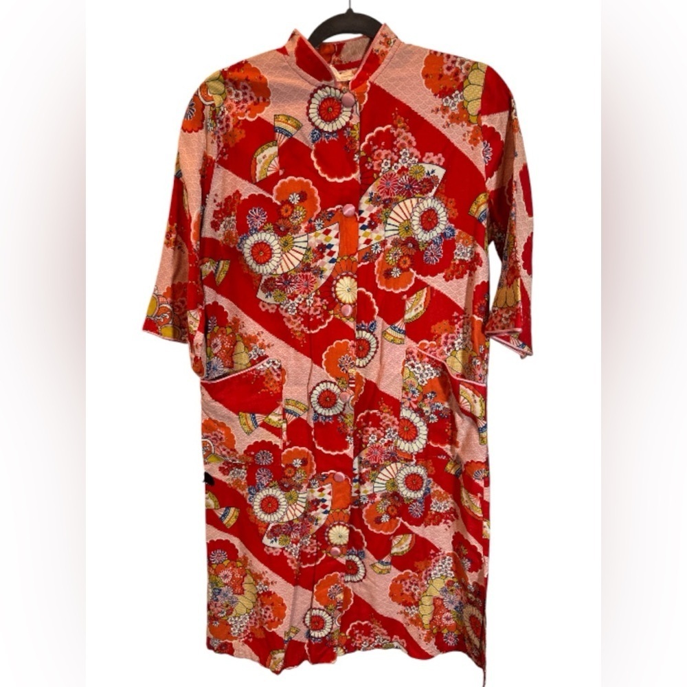 Vintage Morgin 1960's Red Orange Womens Floral Print Long Maxi Housecoat Sz M/L